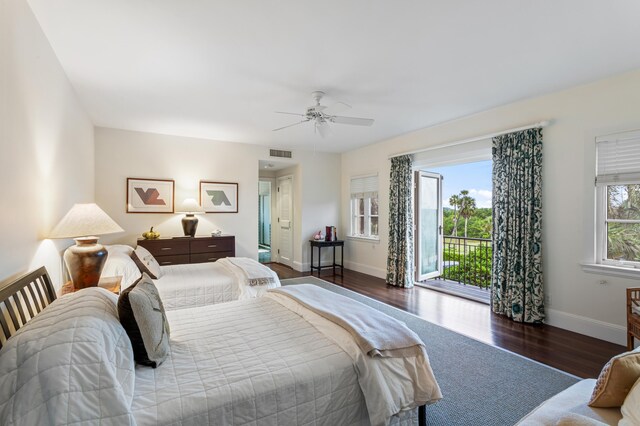 bedroom with ceiling fan, access to outside, and hardwood / wood-style flooring