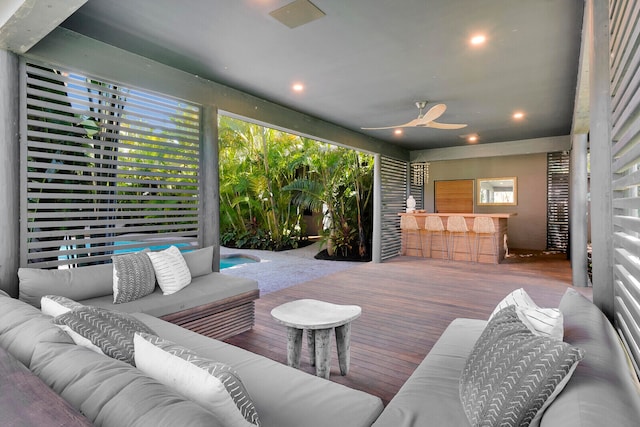 interior space featuring ceiling fan