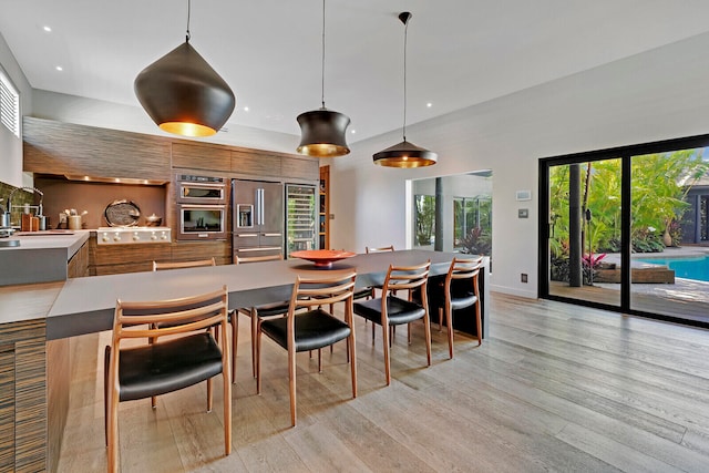 kitchen with pendant lighting, stainless steel appliances, light hardwood / wood-style flooring, and sink