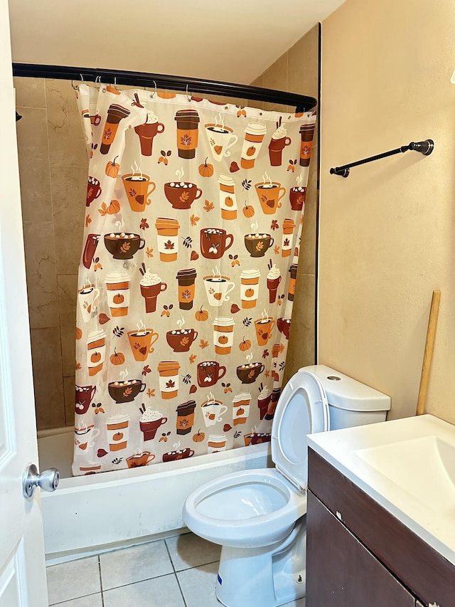 full bathroom featuring tile patterned floors, vanity, shower / bath combo, and toilet