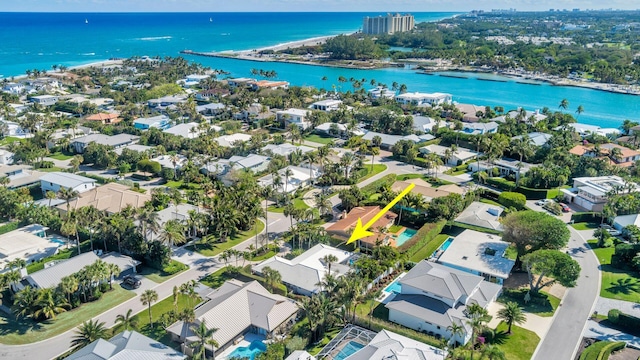 aerial view featuring a water view