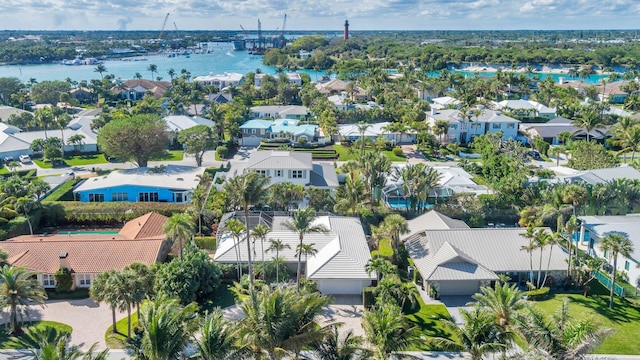 drone / aerial view featuring a water view