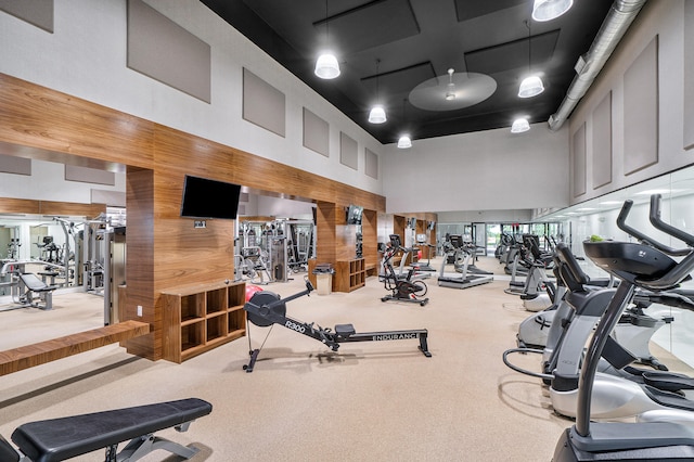 gym featuring light carpet and a towering ceiling