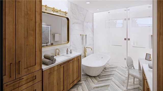 bathroom featuring tile walls, parquet floors, and vanity