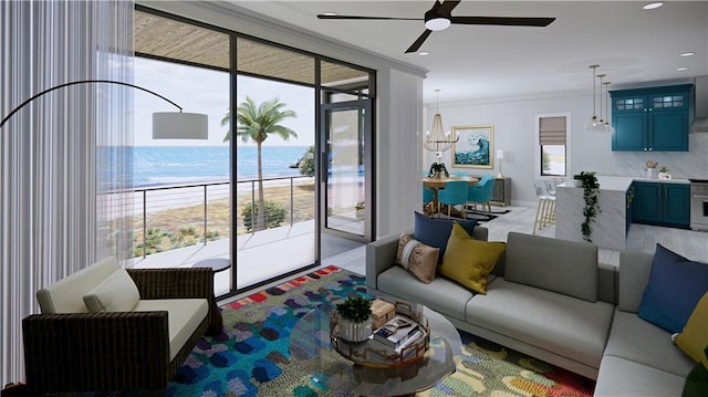 living room with crown molding, ceiling fan, and a water view