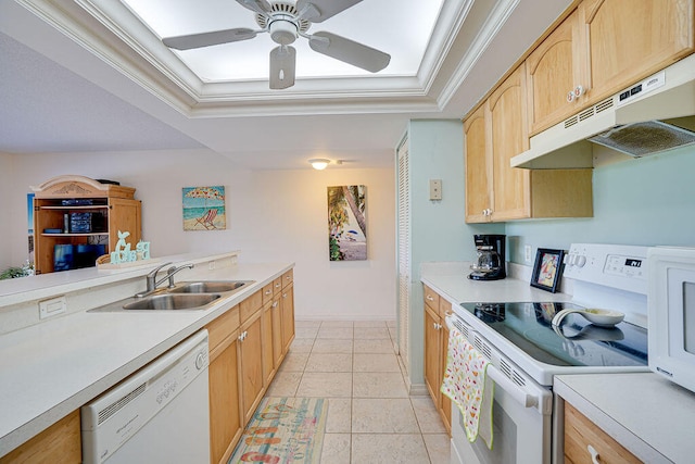 kitchen featuring a tray ceiling, ceiling fan, white appliances, sink, and ornamental molding