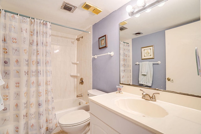 full bathroom with shower / bath combo with shower curtain, toilet, and vanity