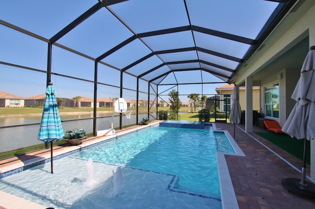 view of swimming pool with pool water feature, a lanai, a water view, and a patio area