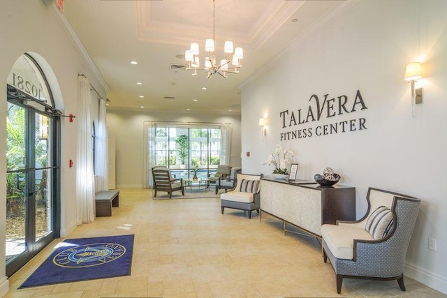 welcome area with a chandelier