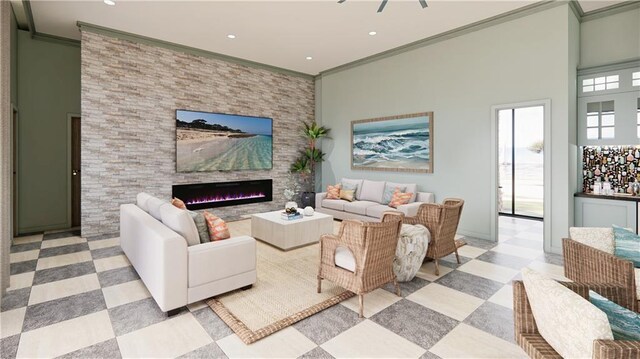 tiled living room with a towering ceiling, a fireplace, and ornamental molding