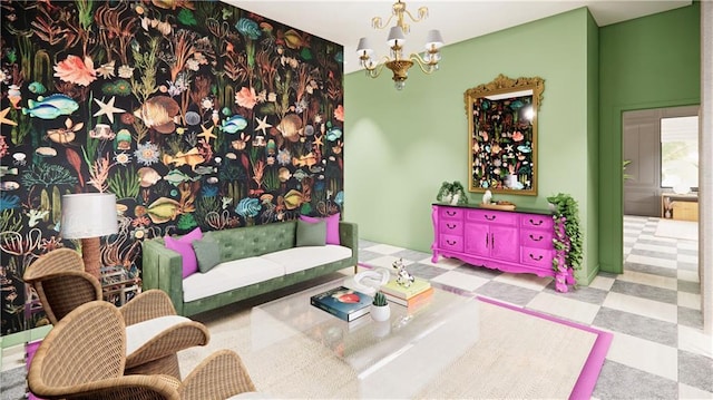 tiled living room featuring an inviting chandelier