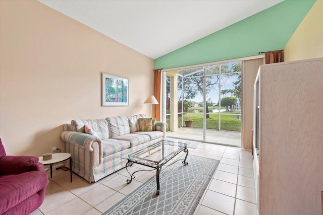 tiled living room with vaulted ceiling