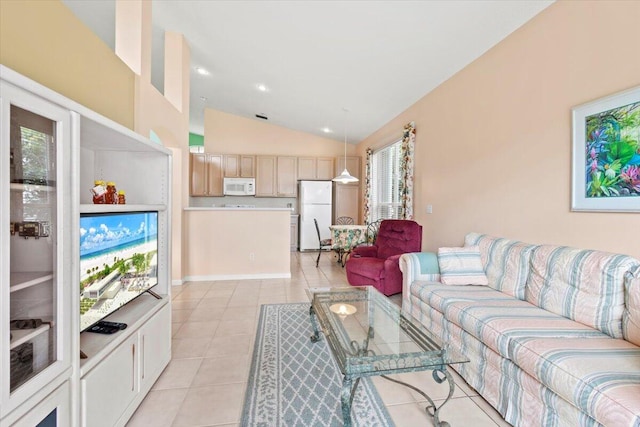 living room featuring lofted ceiling and light tile floors