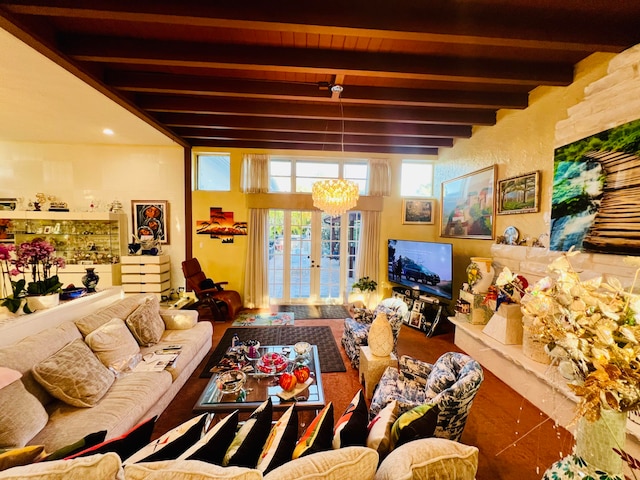 tiled living room with a notable chandelier, french doors, and beamed ceiling