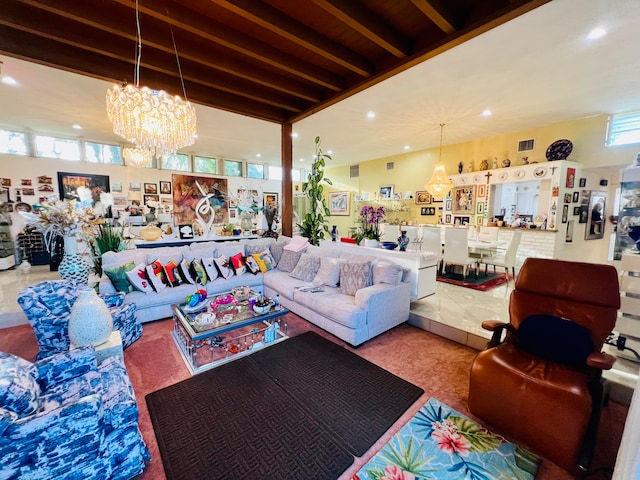 living room featuring an inviting chandelier, beam ceiling, and light tile floors