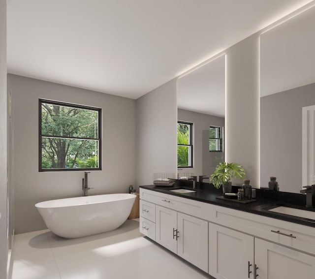 bathroom with double sink vanity, tile flooring, and a washtub