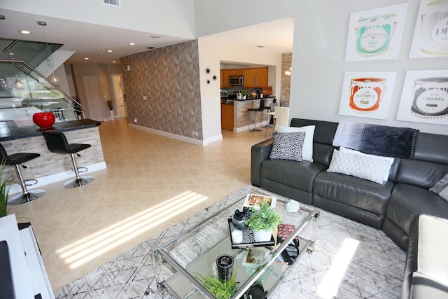 living room with light tile floors