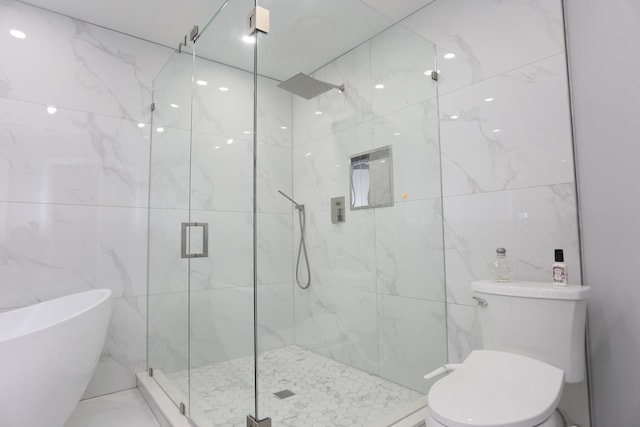 bathroom featuring tile walls, walk in shower, and toilet