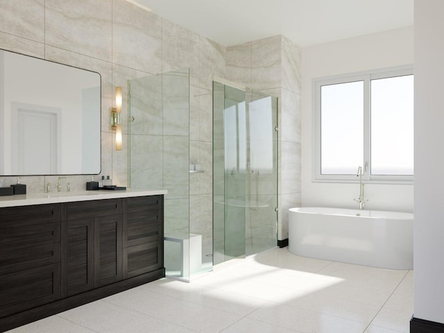 bathroom with vanity, tile flooring, plus walk in shower, and tile walls