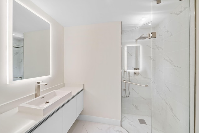 bathroom featuring vanity with extensive cabinet space, tile floors, and an enclosed shower