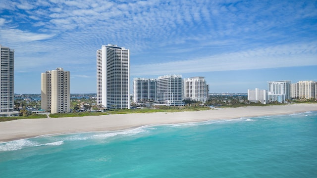 view of swimming pool with a water view and a view of the beach