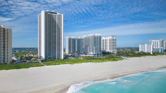 view of pool featuring a beach view and a water view