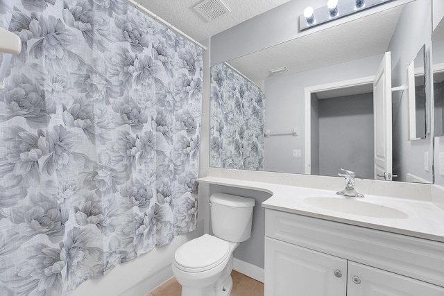 full bathroom with toilet, shower / bathtub combination with curtain, vanity, and a textured ceiling