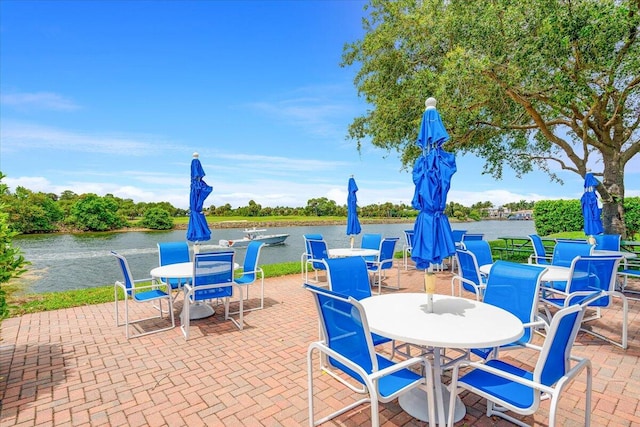 view of patio with a water view