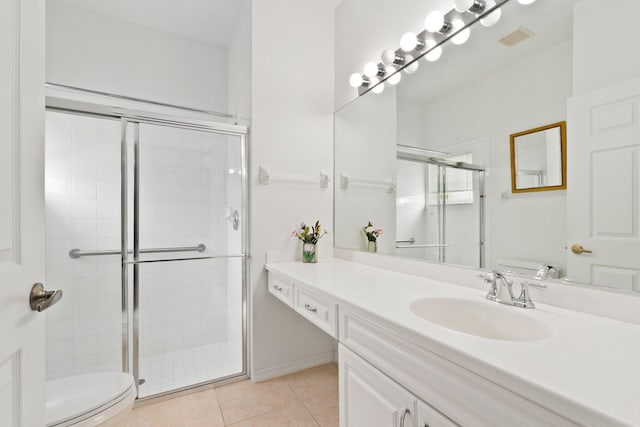 bathroom featuring vanity, tile patterned floors, toilet, and an enclosed shower