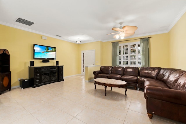 tiled living room featuring crown molding and ceiling fan