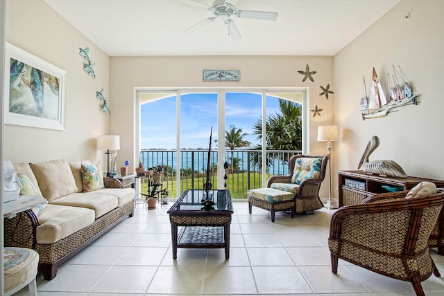 living room with light tile patterned floors and ceiling fan