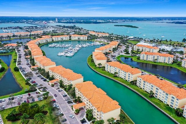 drone / aerial view featuring a water view