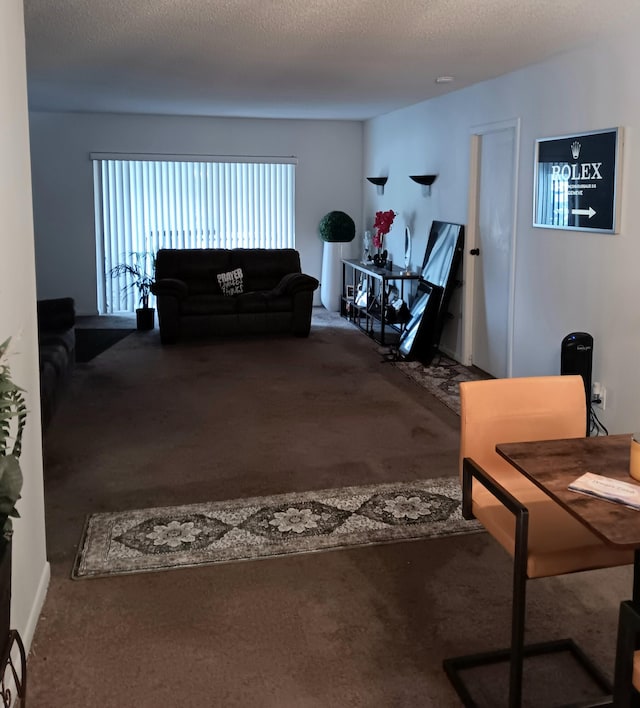 living room with carpet and a textured ceiling