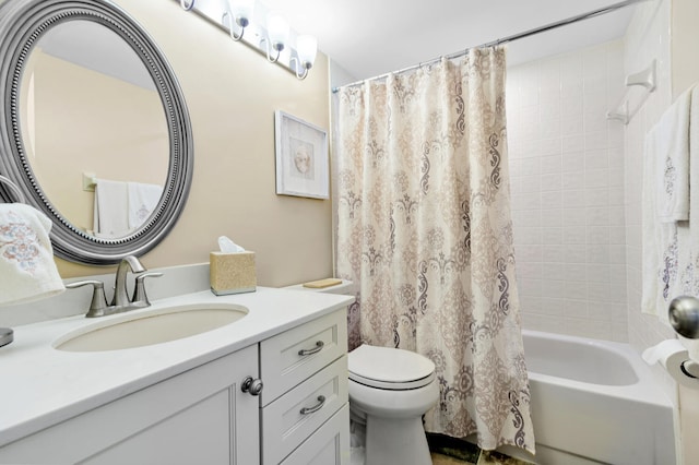 full bathroom featuring toilet, vanity with extensive cabinet space, and shower / bathtub combination with curtain