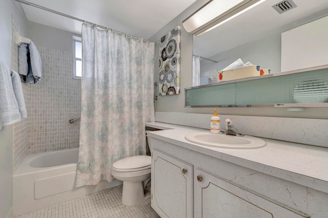 full bathroom featuring shower / bath combination with curtain, oversized vanity, toilet, and tile flooring