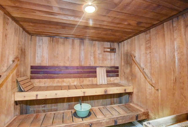 view of sauna / steam room with wood walls