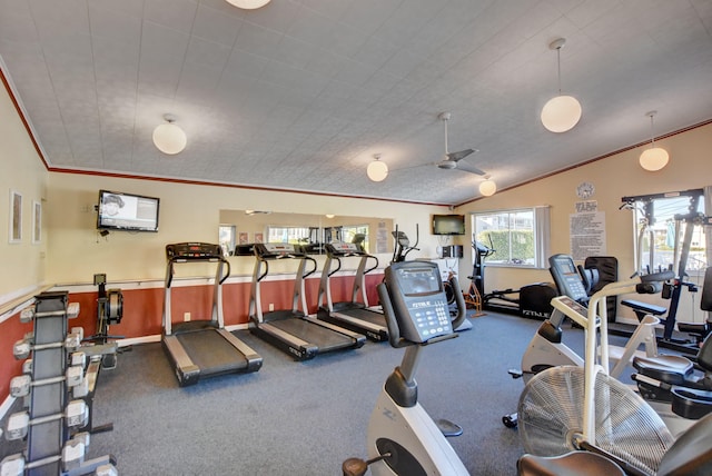 exercise room featuring vaulted ceiling, ornamental molding, carpet flooring, and ceiling fan