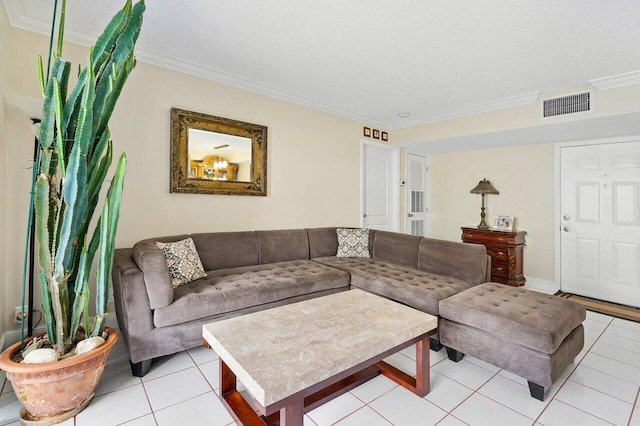 living room with light tile patterned flooring and ornamental molding