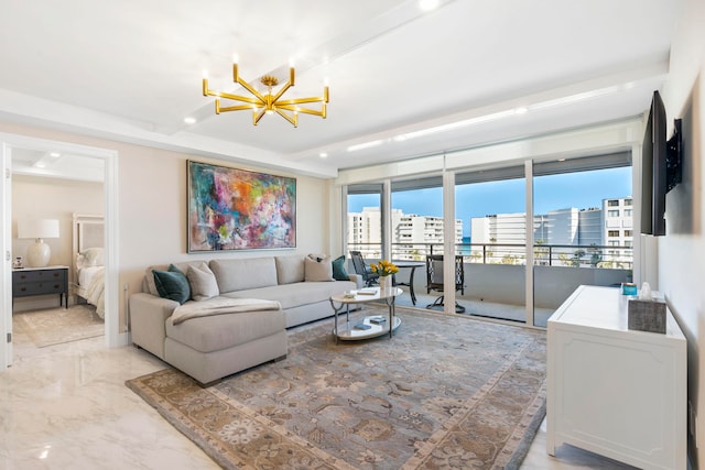 tiled living room with a notable chandelier and beamed ceiling