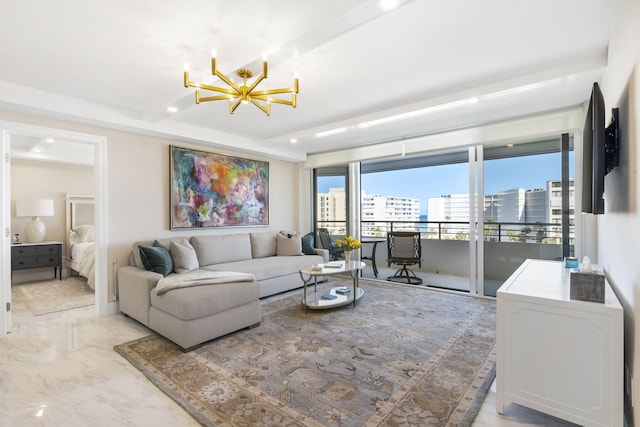 living room featuring a notable chandelier and light tile flooring