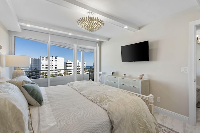 bedroom with a chandelier, access to outside, and beam ceiling