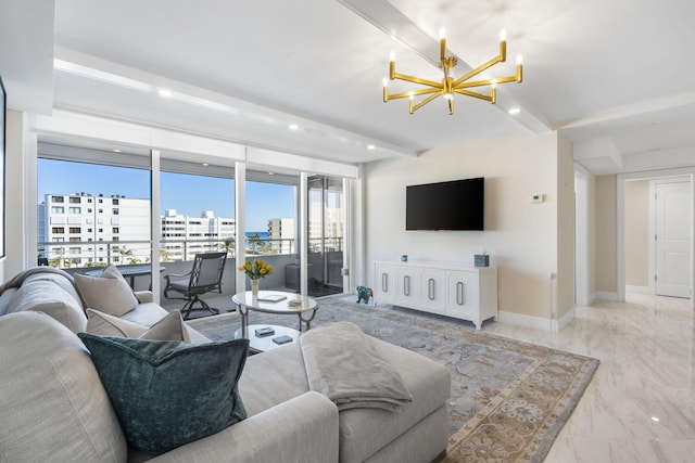 tiled living room featuring beam ceiling and a chandelier