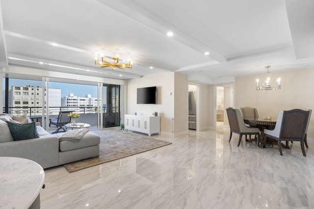 tiled living room with beam ceiling and an inviting chandelier