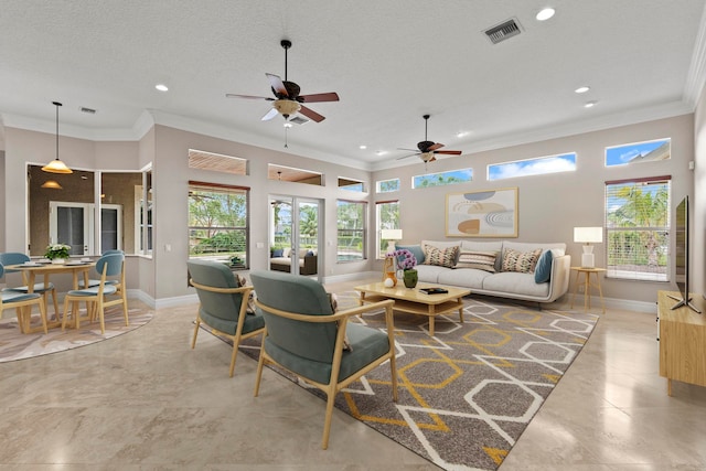 living room with crown molding, a textured ceiling, light tile flooring, and ceiling fan