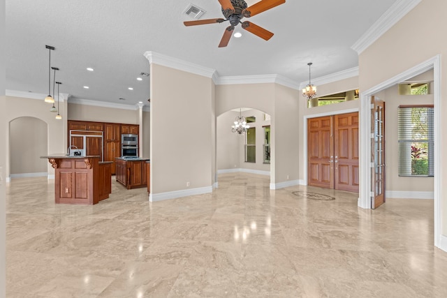 tiled foyer with crown molding, a textured ceiling, and ceiling fan with notable chandelier