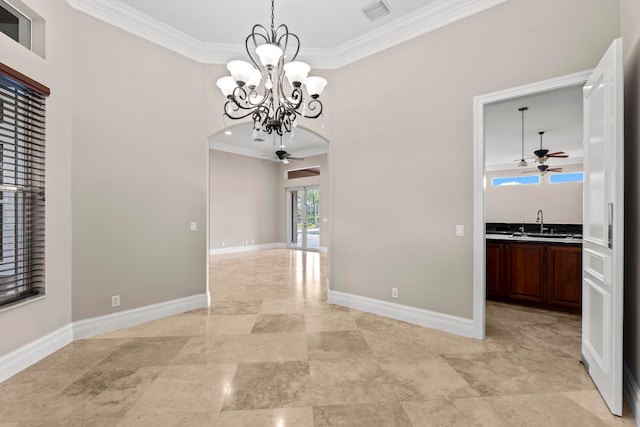 tiled empty room featuring crown molding, ceiling fan with notable chandelier, and sink