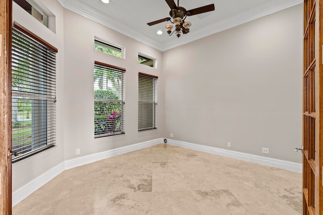 empty room featuring ornamental molding, ceiling fan, and light tile floors