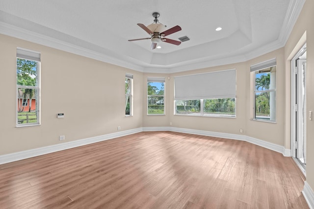 spare room featuring a tray ceiling, ceiling fan, light hardwood / wood-style flooring, and a wealth of natural light