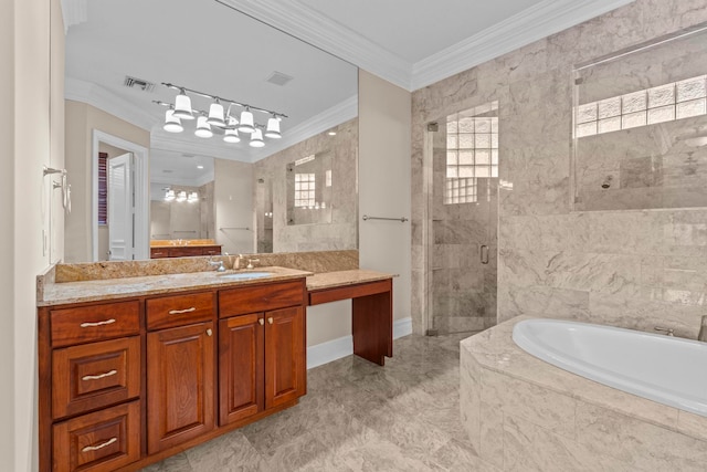 bathroom featuring crown molding, vanity, plus walk in shower, and tile flooring