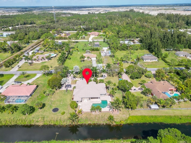 aerial view featuring a water view